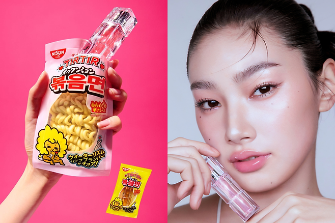 (왼쪽) 티르티르가 일본 대표 라면 브랜드 ‘닛신식품’과 협업한 립 플럼퍼 제품 2종과 (오른쪽) 한국에서 판매되고 있는 립 플럼퍼. [사진 = 티르티르재팬 인스타그램, 티르티르 홈페이지 캡처]