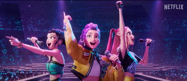 넷플릭스 오리지널 영화 '케이팝 데몬 헌터스'에서 주인공인 케이팝 걸그룹 '헌트릭스'가 공연을 하고 있다. / 넷플릭스 유튜브 캡처
