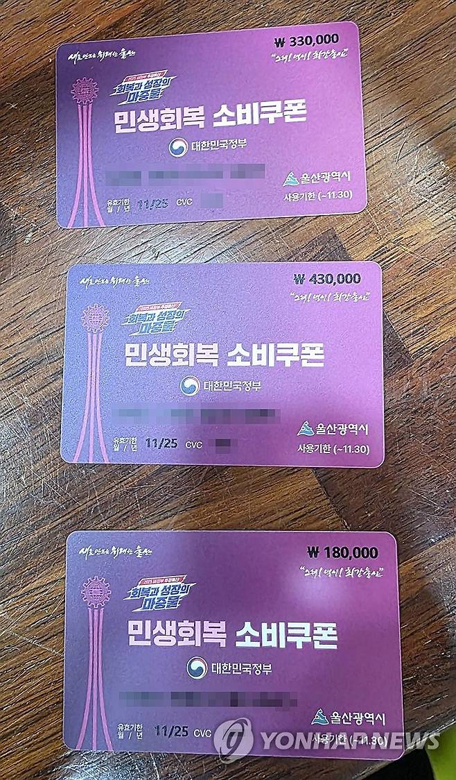 울산서도 금액 표시 소비쿠폰 (울산=연합뉴스) 울산에서도 금액이 표시된 민생회복 소비쿠폰 선불카드가 제작돼 논란을 빚었다. 사진은 경남은행이 제작한 선불카드로, 우측 상단에 소득수준에 따라 달리 지급되는 금액이 표시돼 있다. 비판이 제기되자 울산지역 일선 자치단체들은 금액이 보이지 않도록 스티커를 부착하는 방식으로 지급하고 있다. 2025.7.25 [독자 제공. 재판매 및 DB 금지] jjang23@yna.co.kr