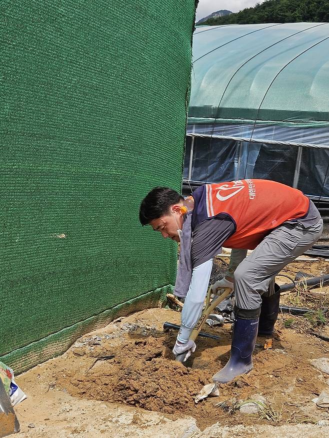 최재훈 달성군수가 26일 경남 합천군 가회면의 침수된 비닐하우스에서 수해 복구 작업을 하고 있다. <달성군 제공>