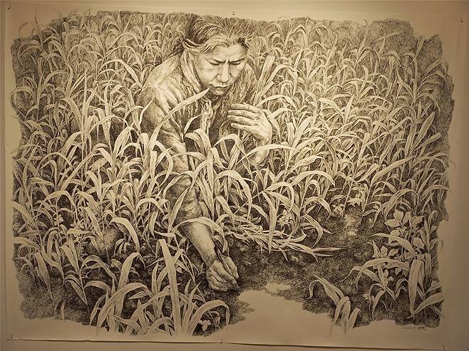 김영화,&nbsp; &nbsp;기르는 손, 그리는 손,&nbsp; &nbsp;2022,&nbsp; &nbsp;종이에 펜,&nbsp; &nbsp;150x200cm / 사진=제주갤러리