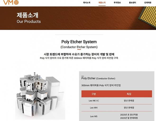 브이엠 홈페이지 주요 제품 특징 설명 캡처.