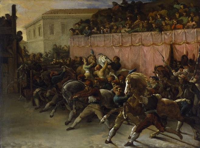 로마의 말 경주(1817). 그는 말 그림을 그리기를 특별히 좋아했다. 흥분한 말에서 원초적인 생명력, 자신의 충동적이고 감정적인 성격과의 공통점을 발견해서였다.