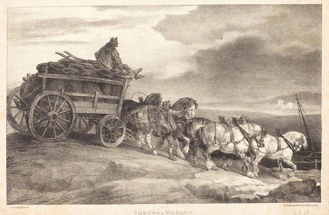석탄 마차(1820). 제리코가 런던에서 그린 석판화 연작이다. 런던에서 발표한 석판화 연작은 널리 판매되면서 양육비가 필요한 제리코에게 경제적으로 큰 도움이 됐다.