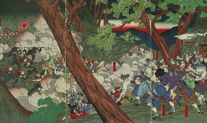 메이지 정부군과 반란군이 맞붙은 일본의 마지막 내전 ‘세이난 전쟁’(1877)을 그린 일본화. 어크로스 제공