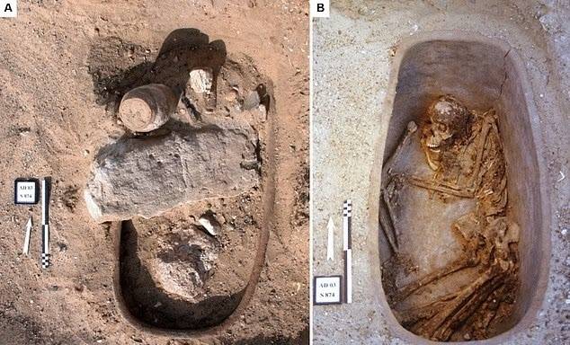 아다이마 고대 묘지에서 발견된 또 다른 유골. 발굴 전 매장 모습(왼쪽)과 발굴 후 모습. 사진=A. Alcouffe et al., J. Archaeol. Method Theory (2025) / CC BY 4.0