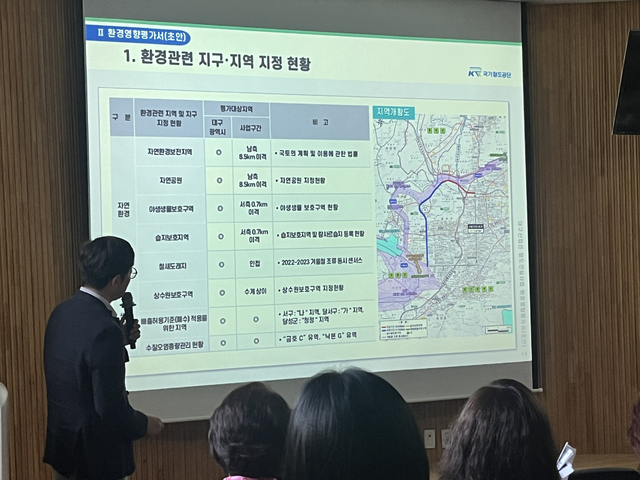 국가철도공단 관계자가 환경영향평가 초안 결과를 주민들에게 설명하고 있다. 김정원 기자