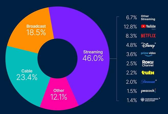 스트리밍 플랫폼의 미국 TV 시청 점유율은 46.0%에 달한다. 유튜브는 2025년 2월부터 스트리밍 플랫폼 중 가장 높은 TV점유율을 기록하고 있다. 지난달(6월) 기준 12.8%에 달한다. 사진=닐슨 게이지 보고서