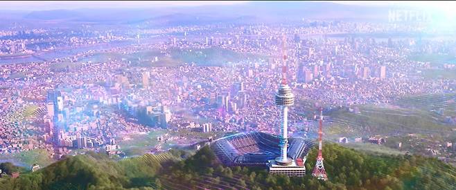 A view of Seoul as portrayed in Netflix's ″KPop Demon Hunters″ with Namsan Seoul Tower at the bottom of the image [NETFLIX]