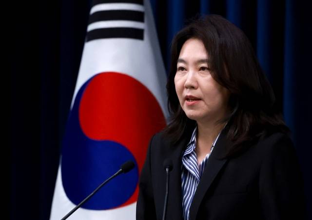 강유정 대통령실 대변인이 27일 서울 용산 대통령실 청사에서 현안 브리핑을 진행하고 있다. 연합뉴스