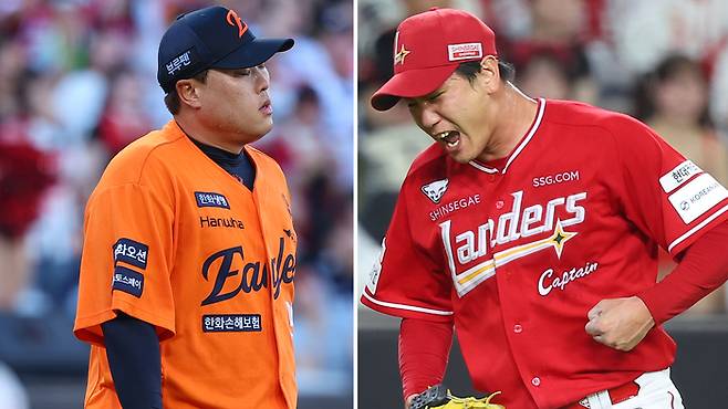 26일 대전 한화생명 볼파크에서 열린 한화 이글스 류현진과 SSG 랜더스 김광현의 데뷔 첫 선발 맞대결은 김광현의 승리로 끝이 났다. 사진은 1회초 5실점으로 마친 류현진(왼쪽)과 6회말 2사 실점 위기를 땅볼로 마무리하며 포효하는 김광현 모습. 연합뉴스