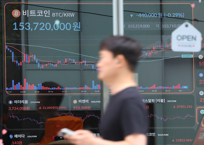 한 시민이 서울 서초구의 코인 거래소 앞을 지나고 있다. <연합뉴스>