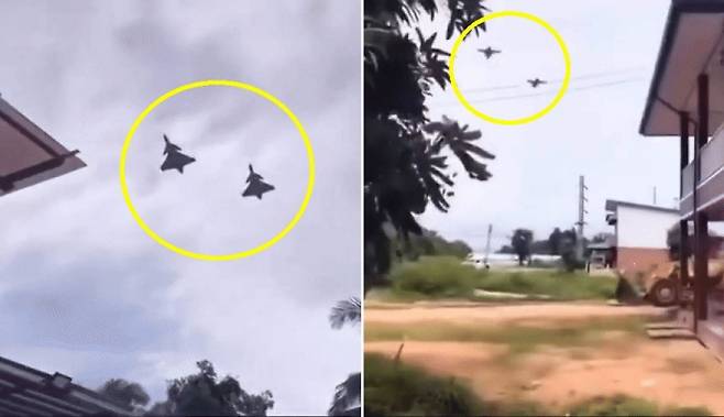 소셜미디어에 확산 중인 태국 그리펜 전투기 비행 장면 - 캄보디아와의 무력 충돌 이후 태국 공군이 JAS-39 그리펜 전투기를 실전에 투입한 가운데, 소셜미디어에는 해당 전투기 2대(노란색 원)가 민가 인근 상공을 저고도로 비행하는 모습이 담긴 영상이 공유되고 있다. 출처=인스타그램