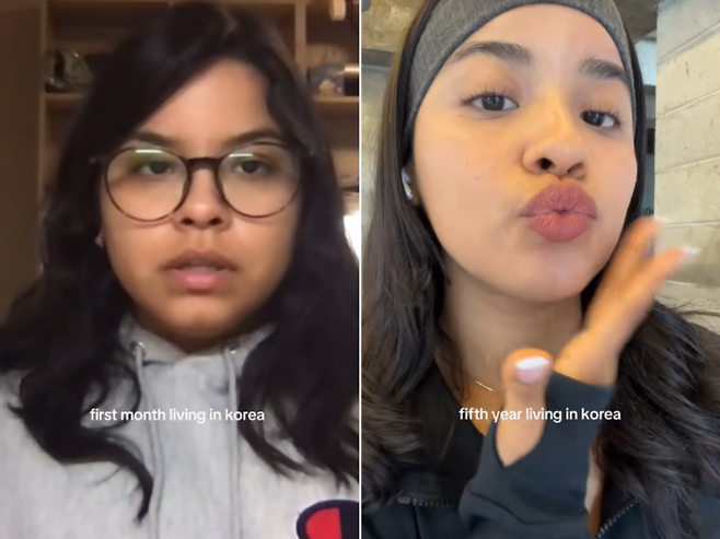 한국에 거주하는 한 외국인 여성이 지난해 6월 자신의 채널에 올린 짧은 영상 속 한국 생활 전후 비교 모습. 이 영상은 조회수 1730만건을 기록했다. 틱톡 채널 ‘valeeedgal’ 캡처