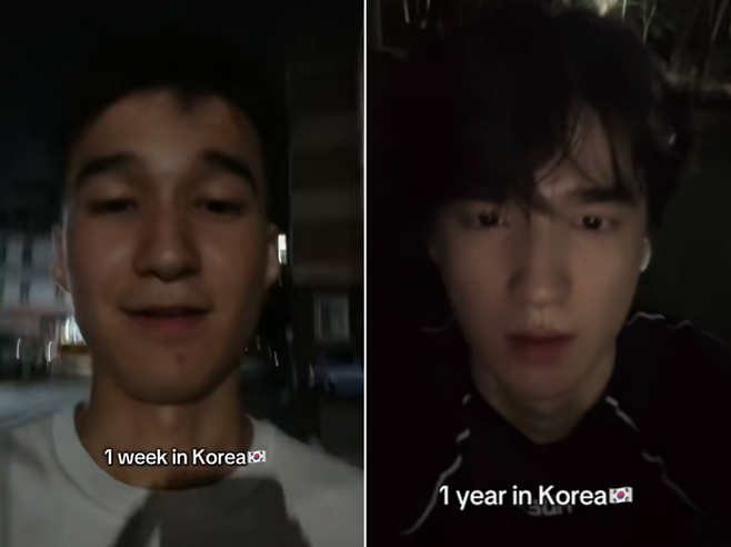 한국에 거주하는 한 외국인 남성이 지난 6일 자신의 채널에 올린 짧은 영상 속 한국 생활 전후 비교 모습. 이 영상은 조회수 450만건을 기록했다. 틱톡 채널 ‘_ern1ck’ 캡처