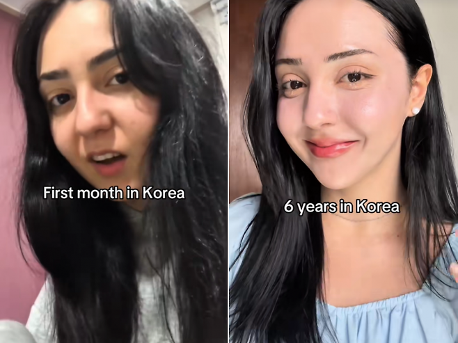 한국에 거주하는 한 외국인 여성이 지난 5월 자신의 채널에 올린 짧은 영상 속 한국 생활 전후 비교 모습. 이 영상은 조회수 480만건을 기록했다. 틱톡 채널 ‘beautywithsena’ 캡처