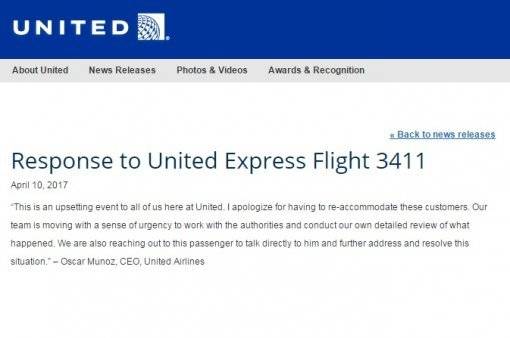 2017년 오버 부킹된 승객을 강제로 하차조치한 영상이 논란이 되자 유나이티드 항공이 올린 사과문이 더 큰 논란을 불러 일으켰다. /유나이티드 항공 홈페이지 갈무리