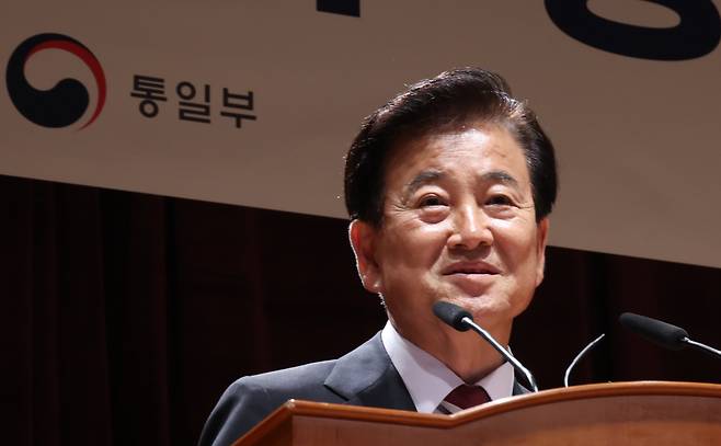 정동영 통일부 장관이 지난 25일 서울 종로구 정부서울청사 별관에서 열린 제44대 통일부 장관 취임식에서 취임사를 하고 있다./뉴시스