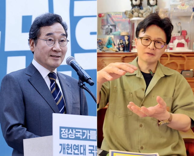 지난 4월17일 용산 전쟁기념관에서 열린 새미래민주당 ‘개헌연대 국민대회’에 당 상임고문으로서 참석해 연설하는 이낙연 전 국무총리 모습(왼쪽), 지난 7월26일 밤 자신의 유튜브 채널로 생방송 중인 한동훈 국민의힘 전 대표의 모습(오른쪽).<이낙연 전 국무총리 페이스북 사진·유튜브 채널 ‘한동훈’ 영상 갈무리>