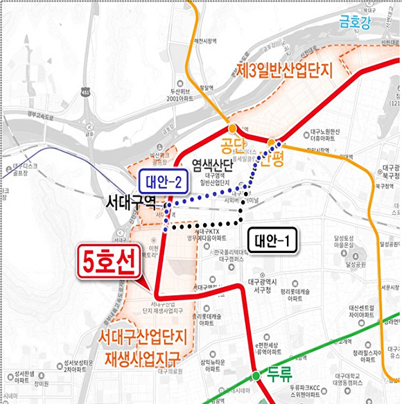 도시철도 5호선 계획 노선 및 대안 노선도 [사진=대구시의회]