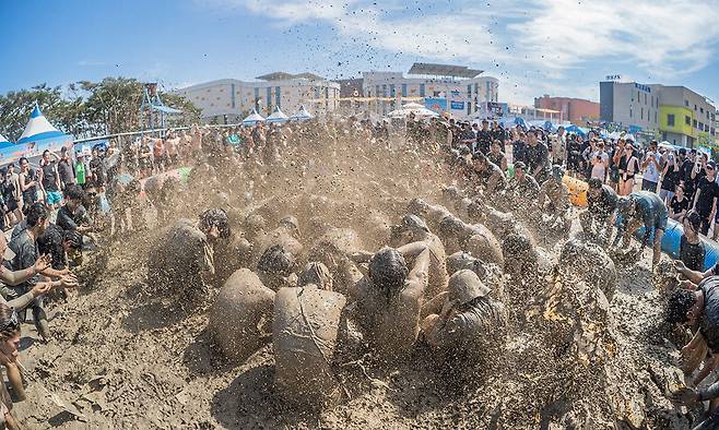 충남 보령 대천해수욕장 일원에서 열리고 있는 보령머드축제 머드탕 머드 마사지 모습.