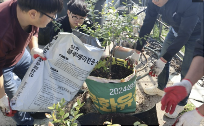 담양 에코센터 동아리 회원들이 폐현수막으로 만든 화분에 흙과 비료를 담고 있다. (담양군 제공)