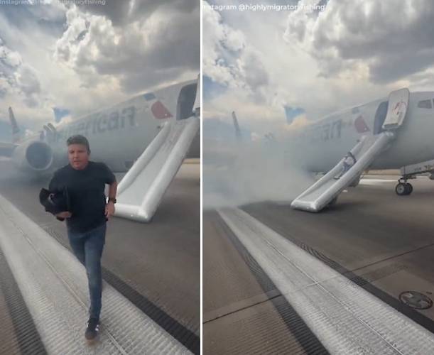 현지시간으로 26일 미국 덴버에서 마이애미로 향할 예정이던 항공편 탑승객들이 이륙 전 랜딩기어 고장으로 멈춰 선 비행기에서 탈출하고 있다. 엑스 캡처