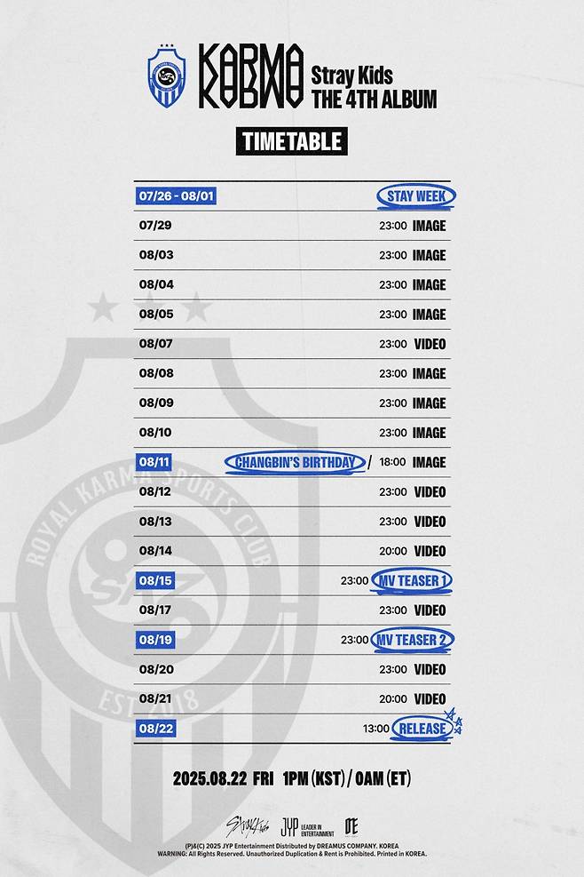 '8월 22일 컴백' 스트레이 키즈, 정규 4집 티징 타임테이블 공개