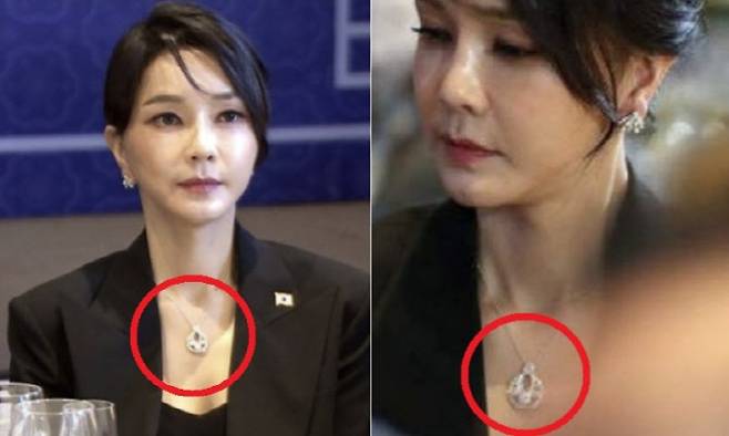 김건희 여사가 2022년 6월 나토 정상회의 참석 당시 반클리프 앤 아펠 목걸이를 착용하고 있다. (사진=연합뉴스, 김의겸 더불어민주당 의원 페이스북 캡처)
