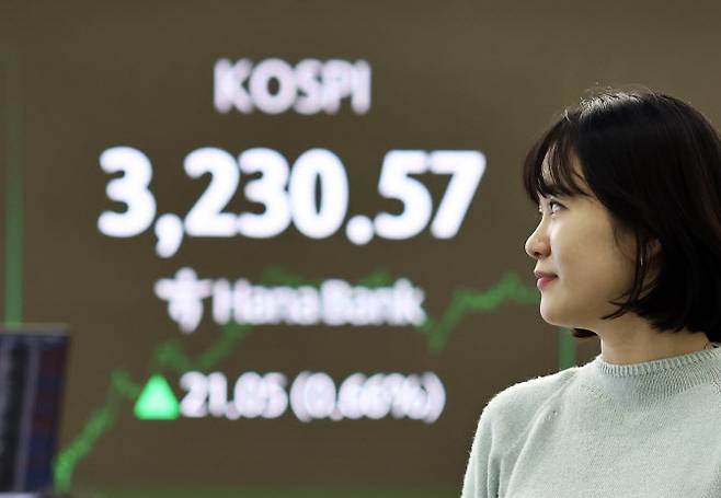 29일 서울 하나은행 본점 딜링룸에서 딜러들이 업무를 보고 있다. 이날 코스피는 전장보다 21.05포인트(0.66%) 오른 3,230.57에 장을 종료했다. (사진=연합뉴스)