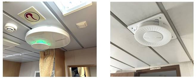 선박용 스마트 공기정화 시스템 '스마트 에어 세이프'(왼쪽)와 공기 정화 필터 '클린 에어 세이프' 설치 모습. 한국해양대 제공