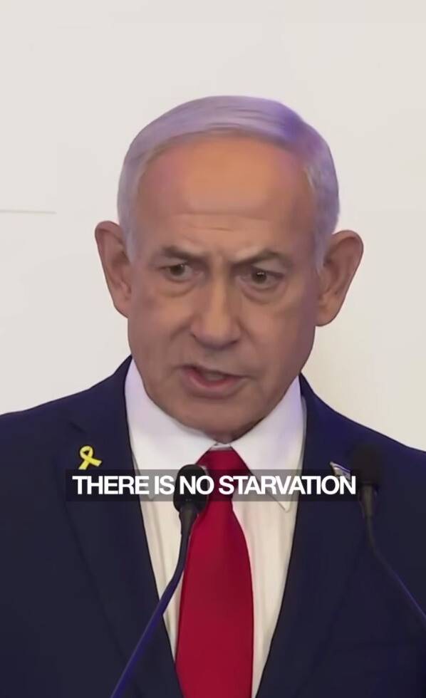베냐민 네타냐후 이스라엘 총리는 27일(현지시각) 예루살렘에서 열린 한 연설에서 “이스라엘이 가자에서 사람들을 굶겨죽이는 작전을 벌이는 것처럼 묘사되는데, 이는 뻔뻔한 거짓말이다. 가자 지구에 기아 정책은 없고, 기아도 존재하지 않는다”고 발언했다. 네타냐후 총리 텔레그램에 공유된 영상 갈무리.