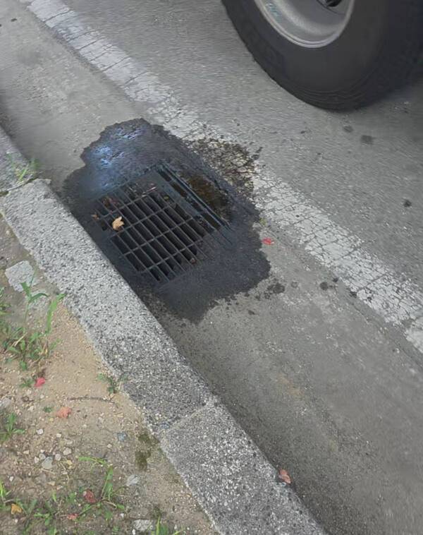 29일 오전 평택 포승읍 만호리 도로에서 탱크로리 운전자가 인근 배수로에 배출한 유류. 독자 제공