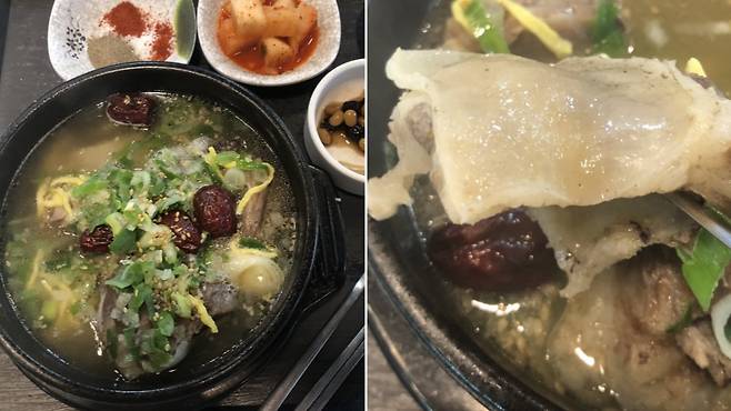 여름휴가 중 고속도로 휴게소에서 부실한 갈비탕을 먹었다는 한 누리꾼 후기가 온라인에서 논란이다. 오른쪽 사진은 갈비탕에 있던 지방 덩어리의 모습. /사진=온라인 커뮤니티 보배드림 갈무리
