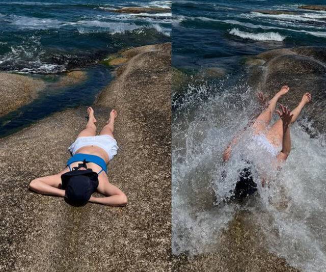 이은지가 바다에 누워 있다가 파도에 허우적 거리는 모습을 보였다. / 이은지 소셜미디어