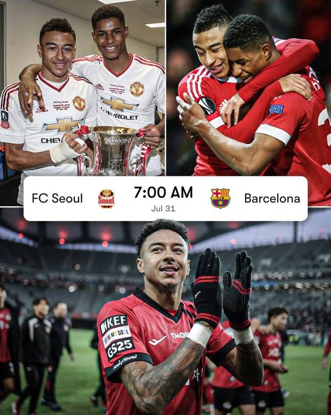 맨체스터 유나이티드 유스 출신으로 함께 1군에서도 뛰었떤 제시 린가드와 마커스 래시포드의 맨유 시절 모습(위)과 현재 FC서울에서 뛰고 있는 린가드 모습(아래). 가운데 표기된 경기 일정은 미국 시간 기준으로, 한국에선 31일 오후 8시 서울과 바르셀로나의 친선경기가 열린다. /사진=ESPN SNS 캡처