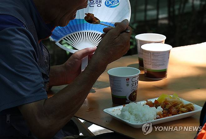 부채 들고 식사하는 어르신 (대구=연합뉴스) 윤관식 기자 = 중복을 하루 앞두고 폭염이 이어진 29일 대구 달서구 두류공원 사랑해밥차 무료 급식소에서 한 어르신이 부채를 들고 더위를 식히며 식사하고 있다. 2025.7.29 psik@yna.co.kr