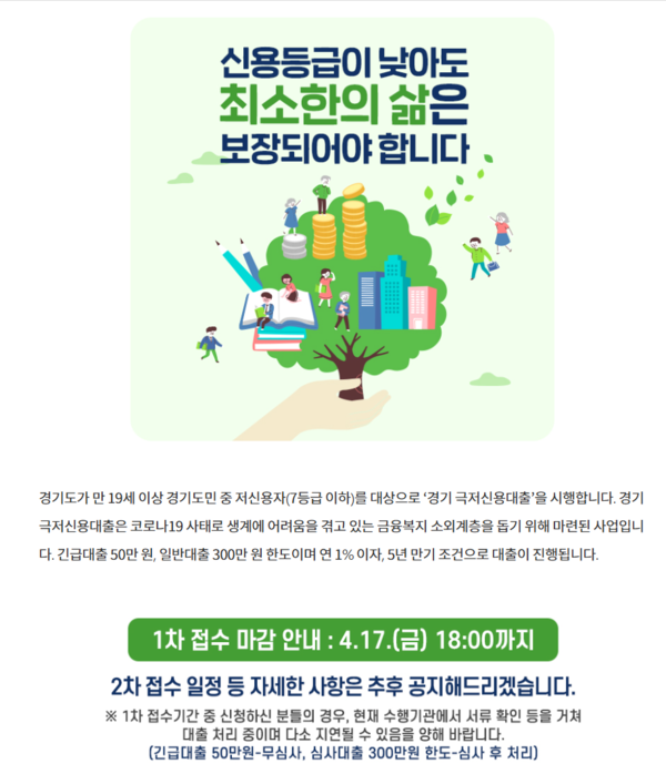 지난 2020년 4월 7일 경기도청 홈페이지에 게시된 경기극저신용대출 사업 안내문. [자료=경기도]