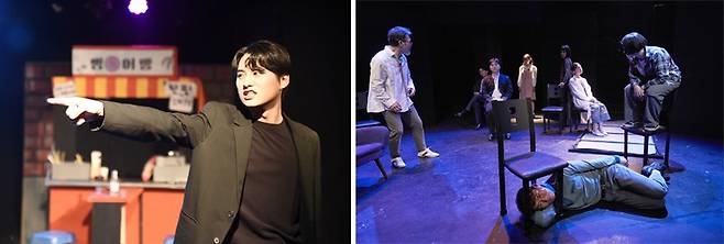 극단 밝은밤 ‘사거리 모퉁이를 돌면 우리만의 감성카페에서 느닷없이’ 공연(왼쪽)과 극단 작은신화 ‘믿을지 모르겠지만’ 공연 모습.