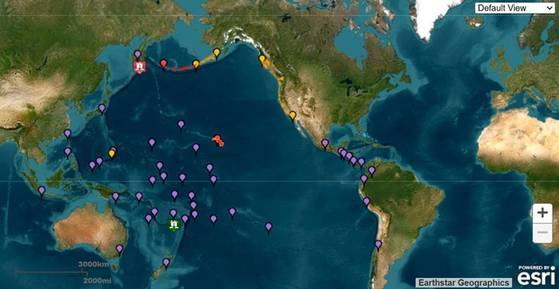 한국 시각으로 오늘(30일) 오전 8시 24분쯤 러시아 페트로파블롭스크-캄차츠키에서 동남동쪽으로 126km 떨어진 곳에서 규모 8.7의 지진이 발생했다. 〈사진=미국 국립기상청(NWS)〉