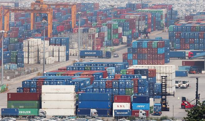 지난 8일 경기 평택시 포승읍 평택항에 수출용 컨테이너들이 세워져 있는 모습. /뉴스1