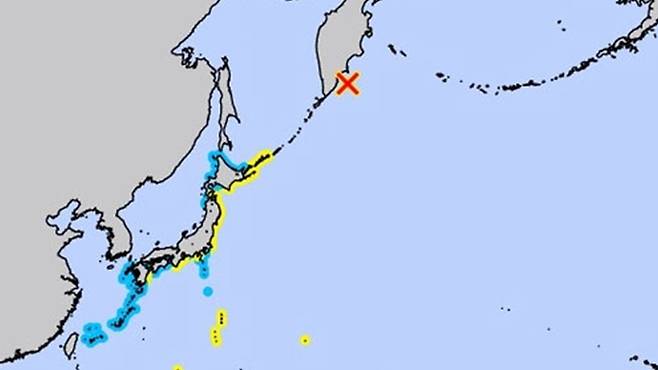 일본 태평양 연안부에 쓰나미 주의보(노란색 부분) [연합뉴스/일본 기상청 홈페이지 캡처]