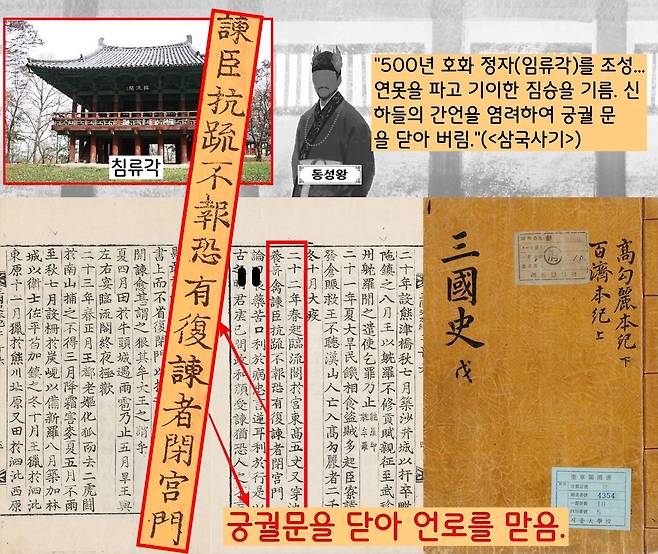 동성왕은 즉위 초기에는 무너진 국세를 만회하려 애썼다. 그러나 시안이 흐를수록 초심을 잃었다. “500년 궁궐 동쪽에 호화 정자를 세우고, 연못을 파고 기이한 짐승을 길렀다”는 <삼국사기> 기사가 보인다. 동성왕은 신하들의 간언이 빗발치자 궁궐문을 걸어 잠궈 언로를 차단했다.