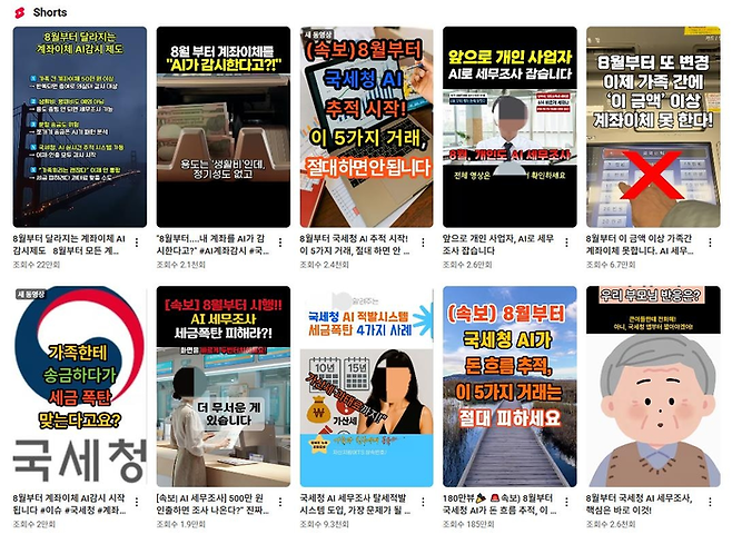 국세청의 개인 대상 AI 세무조사설과 관련한 유튜브 쇼츠. [사진 출처 = 유튜브 갈무리]