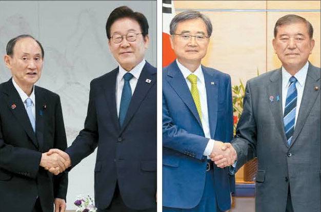 한 발 더 가까이 간 韓日
이재명 대통령(왼쪽 사진 오른쪽)이 30일 용산 대통령실에서 스가 요시히데 전 일본 총리(한일의원연맹 회장)를 접견하고 있다. 같은 날 조현 외교부 장관(오른쪽 사진 왼쪽)이 일본 도쿄 총리 관저에서 이시바 시게루 일본 총리를 예방하고 있다.  김호영 기자·외교부