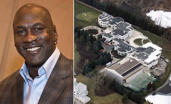 마이클 조던(왼쪽)과 그가 소유했던 시카고 교외 하이랜드파크의 대저택 전경. 현재는 일반인을 위한 고급 숙소로 운영되고 있다. 사진=DOD photo by D. Myles Cullen, Public domain, via Wikimedia Commons, AP 연합뉴스