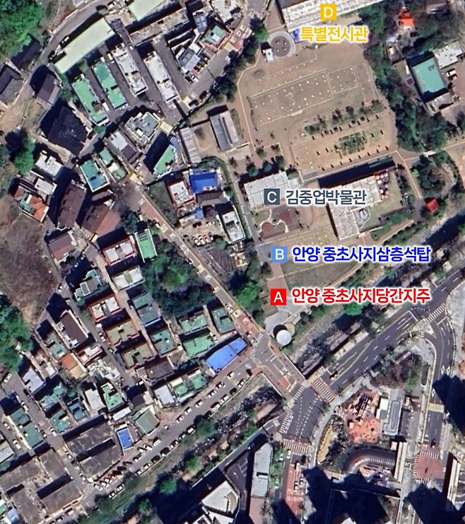 안양시 만안구 석수동 210번지 일원 안양 중초사지 당간지주(보물 제4호) 주변 항공 촬영. 사진=안양시청