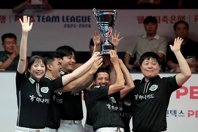 하나카드 선수들이 1라운드 우승을 축하하고 있다. 채널에이 자료