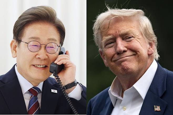 (왼쪽) 지난 6월 6일 이재명 대통령이 서울 한남동 관저에서 도널드 트럼프 미국 대통령과 전화 통화를 하기 위해 수화기를 들고 있는 모습. (오른쪽) 도널드 트럼프 미국 대통령. EPA 연합뉴스