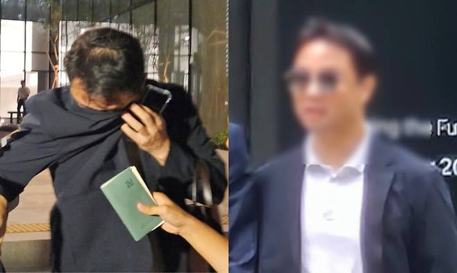 (왼쪽) 김건희 여사 오빠인 김진우씨가 28일 밤 김 여사 관련 의혹들을 수사하는 민중기 특별검사팀 사무실이 위치한 서울 종로구 케이티(KT)광화문빌딩웨스트(West)에서 조사를 마친 뒤 얼굴을 가린 채 특검 사무실을 나서고 있다. (오른쪽) 31일 특검에 다시 출석한 김진우씨가 케이티(KT)광화문빌딩웨스트(West)에서 나오고 있다. 연합뉴스